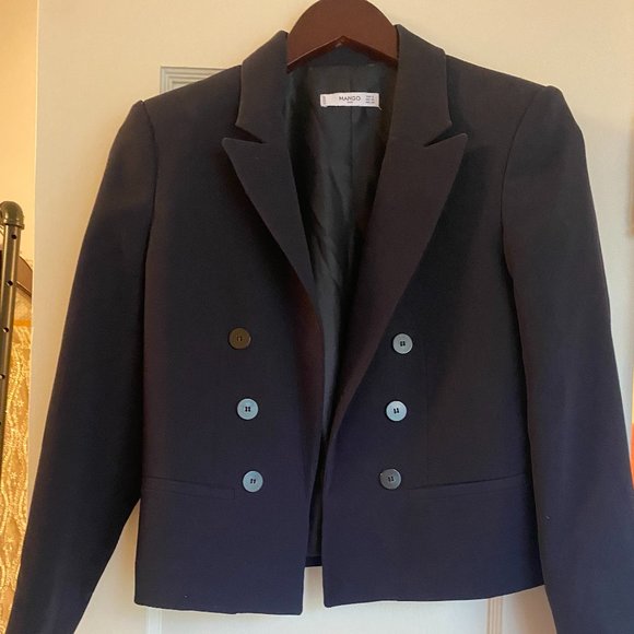 Mango Navy Cropped Open double Buttoned Blazer - Picture 2 of 4